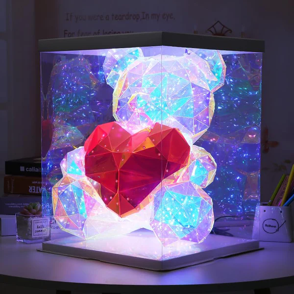 Cute Shining LED Teddy Bear Holding A Red Heart, Holographic Luminous Light-Up, Forever Gift for Birthday, Anniversary & Valentine's Day - 30 cm