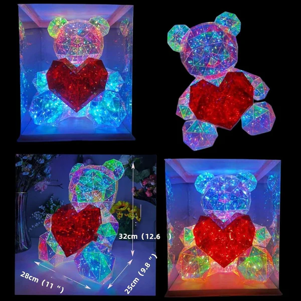 Cute Shining LED Teddy Bear Holding A Red Heart, Holographic Luminous Light-Up, Forever Gift for Birthday, Anniversary & Valentine's Day - 30 cm