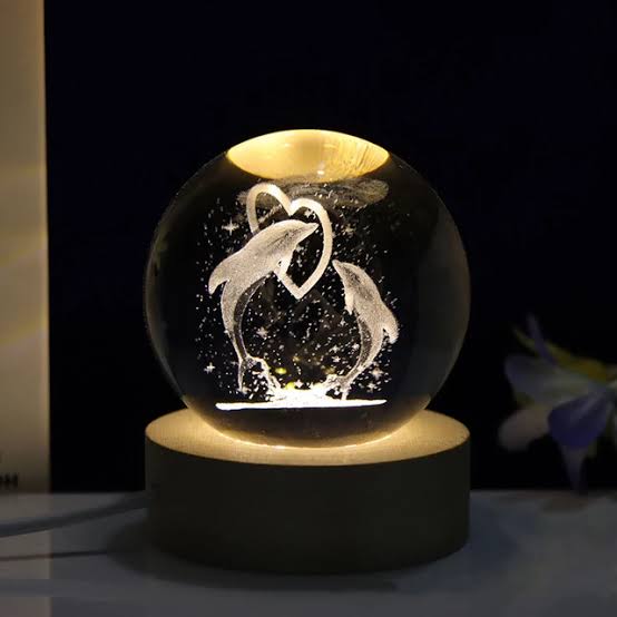 3D Dolphin Crystal Ball Light (2.36" Diameter), LED Light Wooden Base, Artistic Decorative Night Light, Home Decor, B'day Gift (H-7.5 cm)