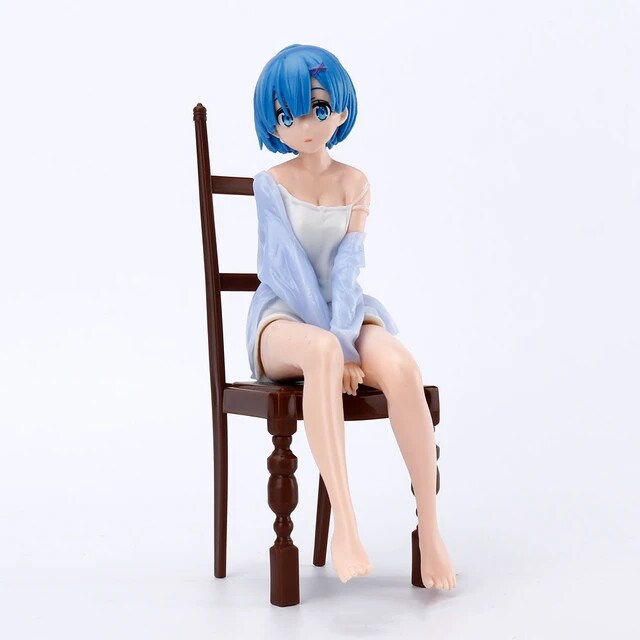 Cute REM Doll with Blue Hair (17cm), Beauty Model, Relaxing on a Chair in Nightdress, High Quality PVC, Anime Collectibles, Best Gift