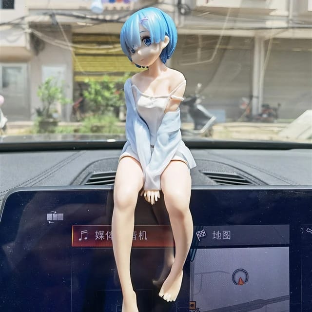 Cute REM Doll with Blue Hair (17cm), Beauty Model, Relaxing on a Chair in Nightdress, High Quality PVC, Anime Collectibles, Best Gift