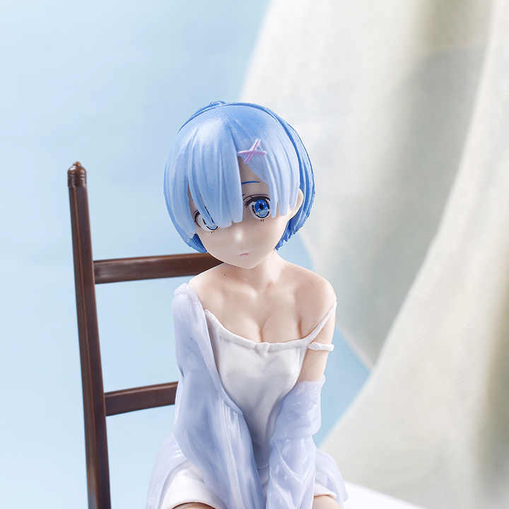 Cute REM Doll with Blue Hair (17cm), Beauty Model, Relaxing on a Chair in Nightdress, High Quality PVC, Anime Collectibles, Best Gift