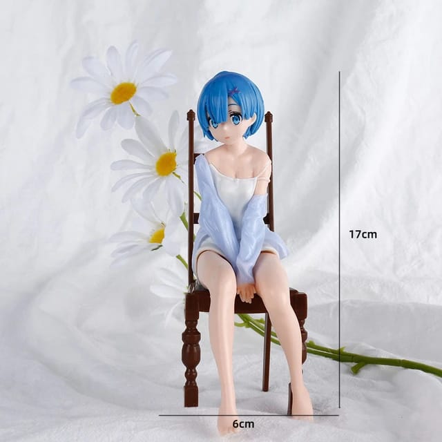 Cute REM Doll with Blue Hair (17cm), Beauty Model, Relaxing on a Chair in Nightdress, High Quality PVC, Anime Collectibles, Best Gift