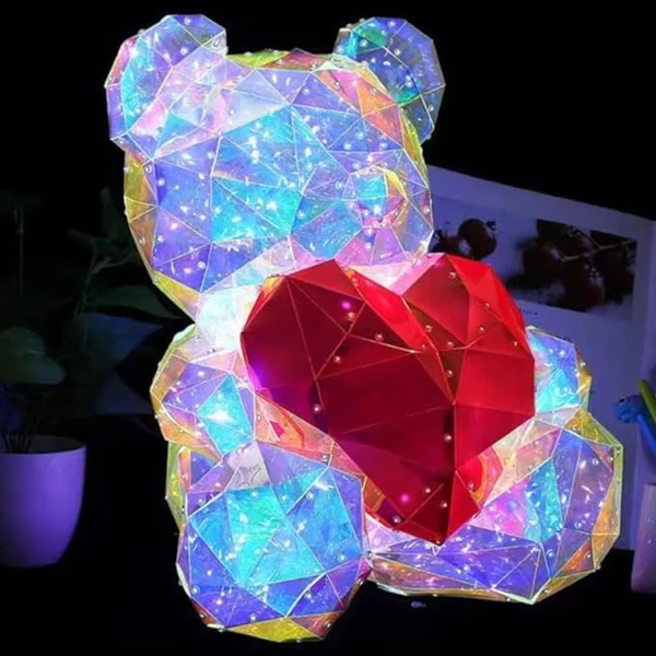 Cute Shining LED Teddy Bear Holding A Red Heart, Holographic Luminous Light-Up, Forever Gift for Birthday, Anniversary & Valentine's Day - 30 cm
