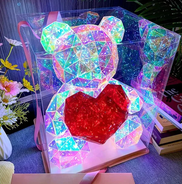 Cute Shining LED Teddy Bear Holding A Red Heart, Holographic Luminous Light-Up, Forever Gift for Birthday, Anniversary & Valentine's Day - 30 cm