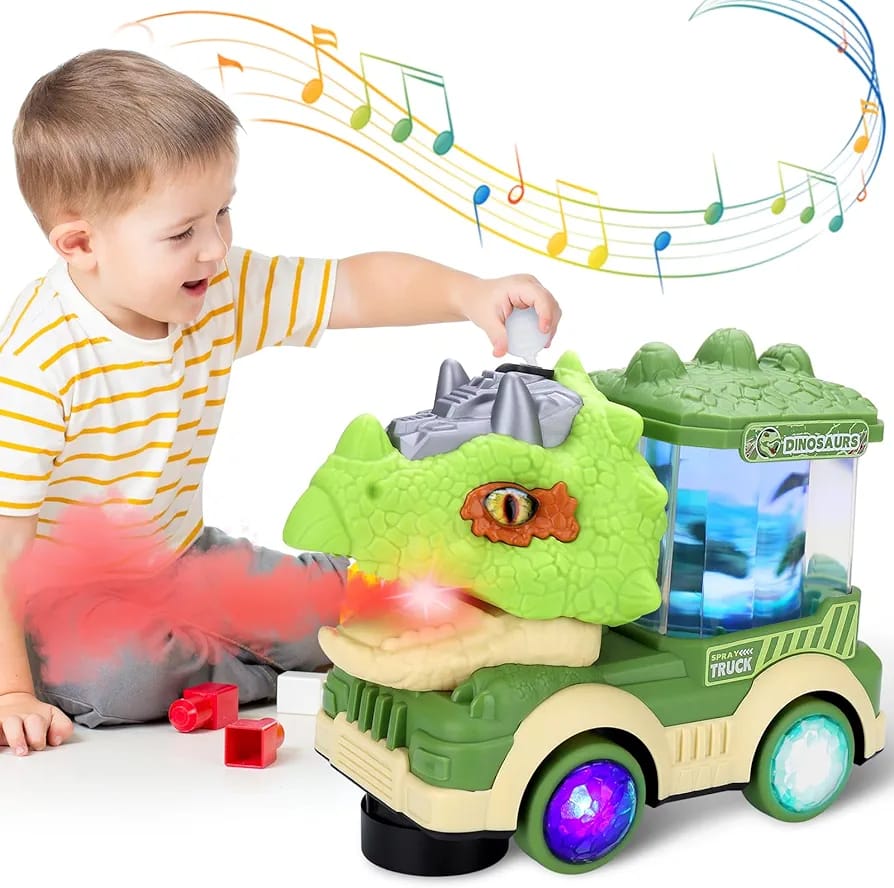 Electric Dinosaur Car Toy, Cool Lights & Simulated Dinosaur Sounds, Mouth Open & Close, Smoke Spray, Rotating Lamp, Kids Toy (Green)