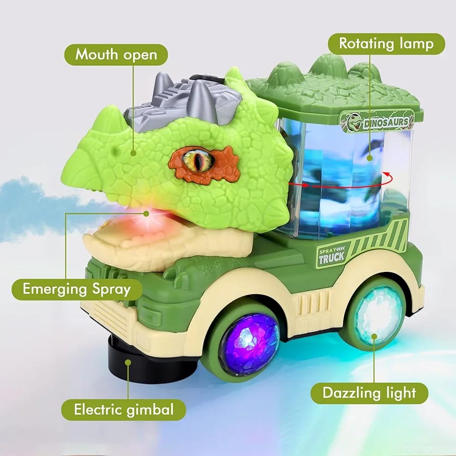 Electric Dinosaur Car Toy, Cool Lights & Simulated Dinosaur Sounds, Mouth Open & Close, Smoke Spray, Rotating Lamp, Kids Toy (Green)