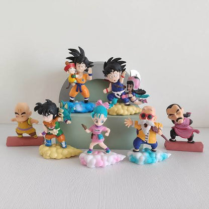 Cute DBZ PVC Figures (7 pcs) with Flying Nimbus Cloud, Goku Gohan Chibi Master Roshi Yamcha Kuririn Bulma, Ideal Gift for Fans (8-10cm)