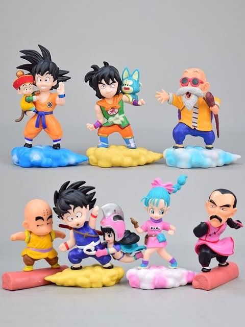 DBZ Set of 7 PVC Figures with Flying Nimbus Cloud, Goku Gohan Chibi Master Roshi Yamcha Kuririn Bulma, Ideal Gift for Fans (8-10.5cm)