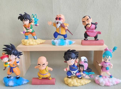 Cute DBZ PVC Figures (7 pcs) with Flying Nimbus Cloud, Goku Gohan Chibi Master Roshi Yamcha Kuririn Bulma, Ideal Gift for Fans (8-10cm)