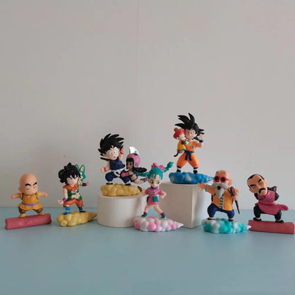 DBZ Set of 7 PVC Figures with Flying Nimbus Cloud, Goku Gohan Chibi Master Roshi Yamcha Kuririn Bulma, Ideal Gift for Fans (8-10.5cm)