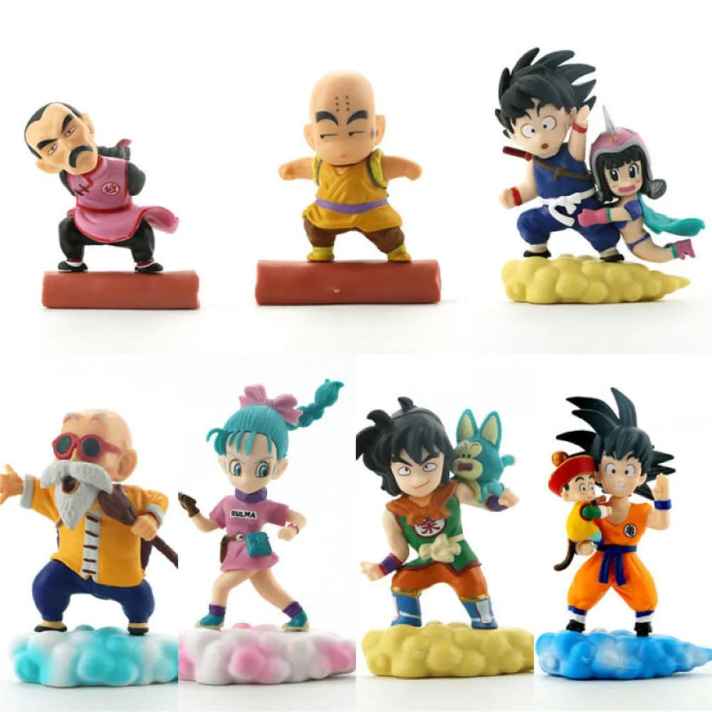 Cute DBZ PVC Figures (7 pcs) with Flying Nimbus Cloud, Goku Gohan Chibi Master Roshi Yamcha Kuririn Bulma, Ideal Gift for Fans (8-10cm)