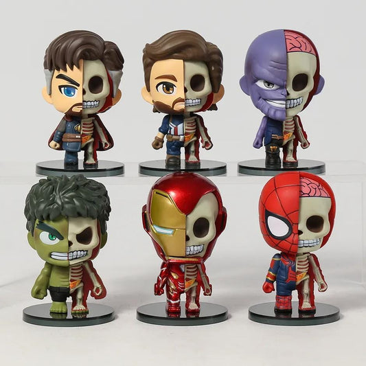 Avengers skeleton Chibi (8 cm /Set of 6), Captain America Hulk Thanos Iron Man Spiderman Dr. Strange, Half Anatomy Figure PVC Toys