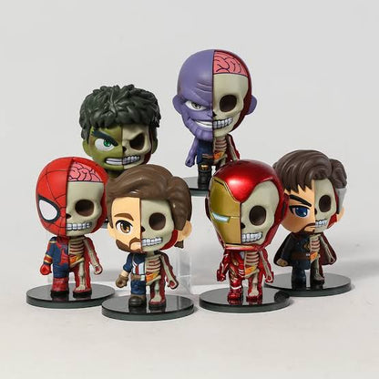 Avengers skeleton Chibi (8 cm /Set of 6), Captain America Hulk Thanos Iron Man Spiderman Dr. Strange, Half Anatomy Figure PVC Toys