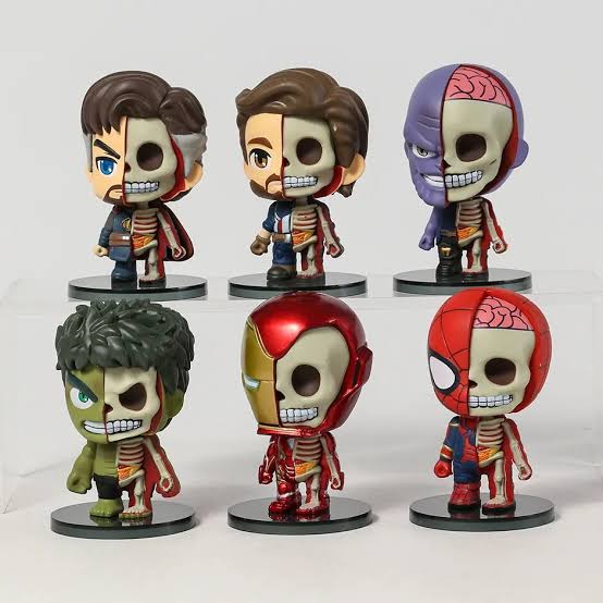 Avengers skeleton Chibi (8 cm /Set of 6), Captain America Hulk Thanos Iron Man Spiderman Dr. Strange, Half Anatomy Figure PVC Toys