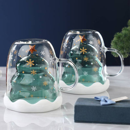 Cute Christmas Mug with Silicone Lid, Double Wall Insulated , Heat Resistant, High Quality Borosilicate Glass, 280ml Capacity, Best Gift for Christmas