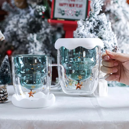 Cute Christmas Mug with Silicone Lid, Double Wall Insulated , Heat Resistant, High Quality Borosilicate Glass, 280ml Capacity, Best Gift for Christmas