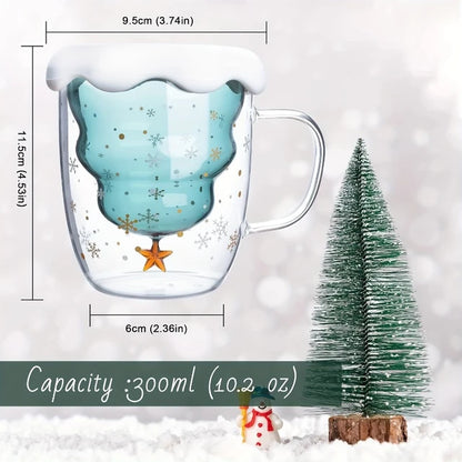 Cute Christmas Mug with Silicone Lid, Double Wall Insulated , Heat Resistant, High Quality Borosilicate Glass, 280ml Capacity, Best Gift for Christmas