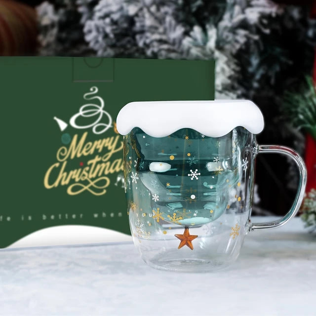 Cute Christmas Mug with Silicone Lid, Double Wall Insulated , Heat Resistant, High Quality Borosilicate Glass, 280ml Capacity, Best Gift for Christmas