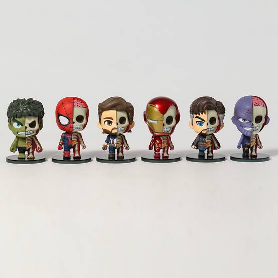 Avengers skeleton Chibi (8 cm /Set of 6), Captain America Hulk Thanos Iron Man Spiderman Dr. Strange, Half Anatomy Figure PVC Toys