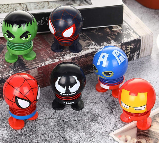 Avengers Marvel Spring Cartoon Toys - Pack of 6, Head Shake & Bounce Mechanism, Car /Office /Home Decoration - 4.5 to 5 cm Height