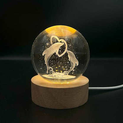 3D Dolphin Crystal Ball Light (2.36" Diameter), LED Light Wooden Base, Artistic Decorative Night Light, Home Decor, B'day Gift (H-7.5 cm)