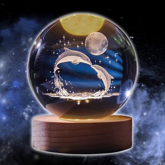 3D Dolphin Crystal Ball Light (2.36" Diameter), LED Light Wooden Base, Artistic Decorative Night Light, Home Decor, B'day Gift (H-7.5 cm)