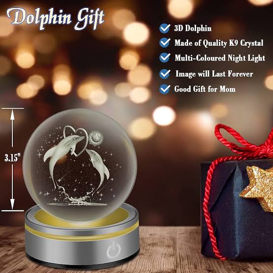3D Dolphin Crystal Ball Light (2.36" Diameter), LED Light Wooden Base, Artistic Decorative Night Light, Home Decor, B'day Gift (H-7.5 cm)