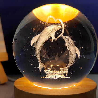 3D Dolphin Crystal Ball Light (2.36" Diameter), LED Light Wooden Base, Artistic Decorative Night Light, Home Decor, B'day Gift (H-7.5 cm)