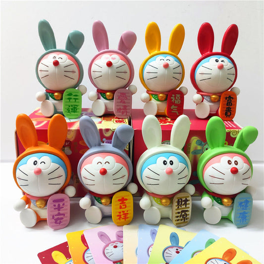 Doraemon Toy Set of 8 pcs| wearing a Rabbit Headgear| Blessing Words Series| Anime Collectibles| Home Decor| Best Gift for Doraemon Fans