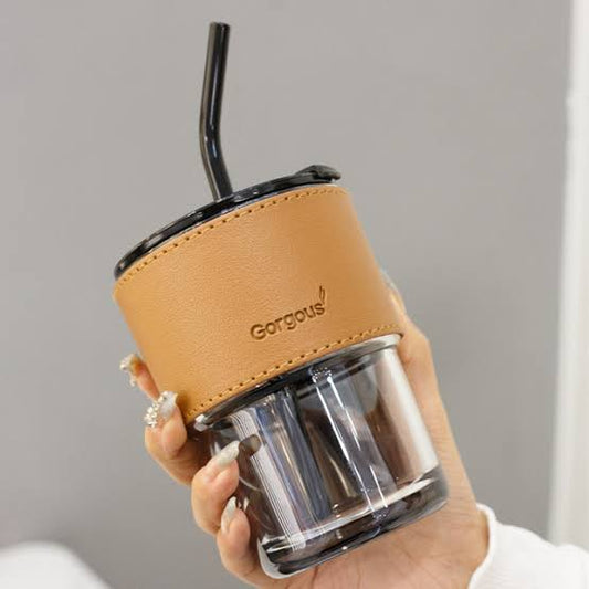 Original 450 ml Double Wall Glass Sipper with Lid, Straw & Leather Grip, Coffee Sipper