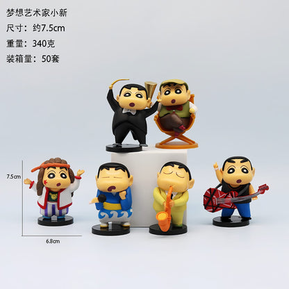 ShinChan Music Group Set - 6pcs (7.5 cm), ShinChan Orchestra Party, PVC Action Figures with Mic, Guitar & Saxophone, Ideal Gift for Music Lovers