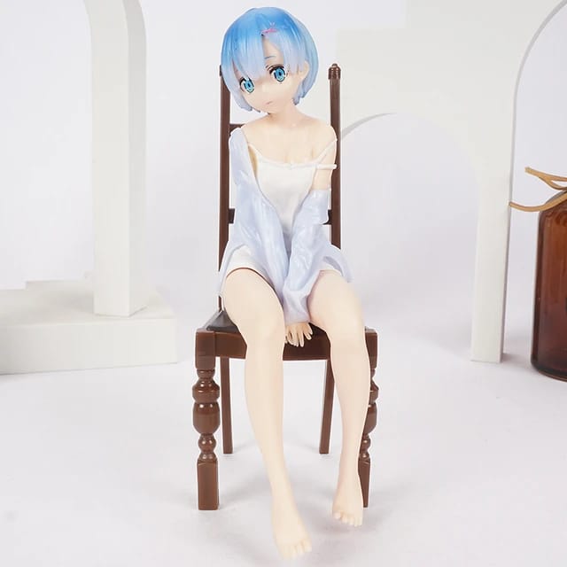 Cute REM Doll with Blue Hair (17cm), Beauty Model, Relaxing on a Chair in Nightdress, High Quality PVC, Anime Collectibles, Best Gift
