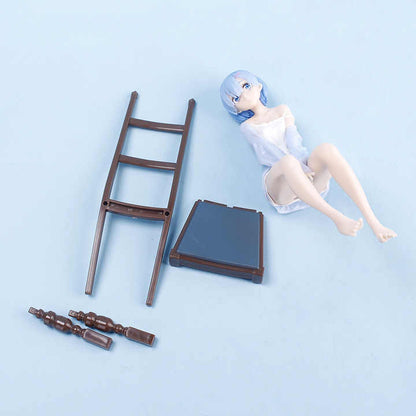 Cute REM Doll with Blue Hair (17cm), Beauty Model, Relaxing on a Chair in Nightdress, High Quality PVC, Anime Collectibles, Best Gift