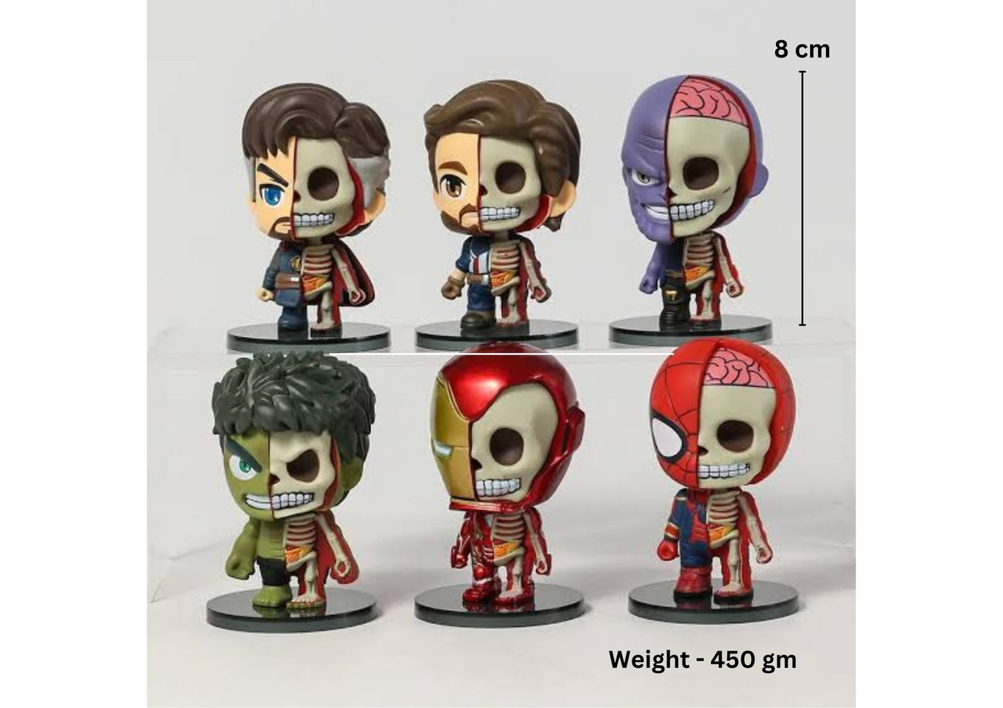 Avengers skeleton Chibi (8 cm /Set of 6), Captain America Hulk Thanos Iron Man Spiderman Dr. Strange, Half Anatomy Figure PVC Toys